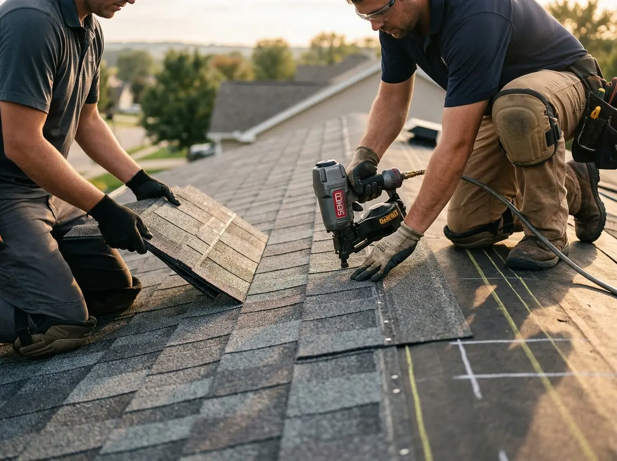 Professional roofer working on a residential roof in Wilmington Island